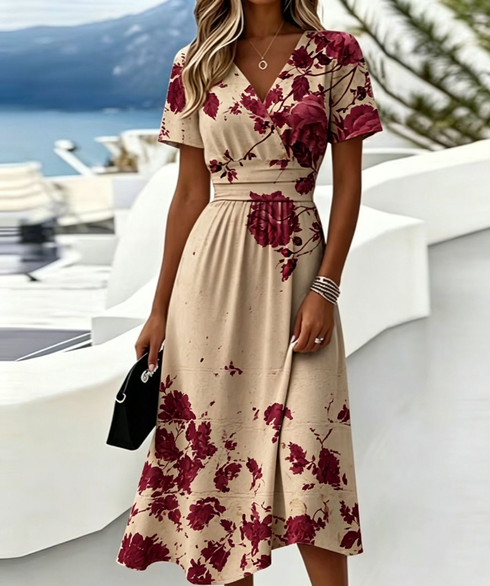 Casual Blue White Stripe V Neck Midi Dress Short Sleeve Waistband Flowy Summer Dress