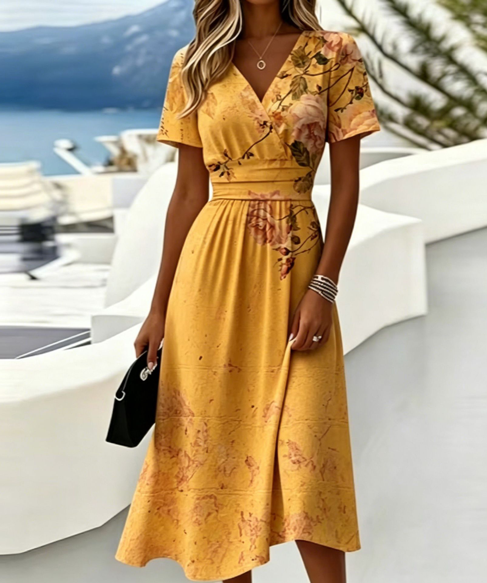 Casual Blue White Stripe V Neck Midi Dress Short Sleeve Waistband Flowy Summer Dress