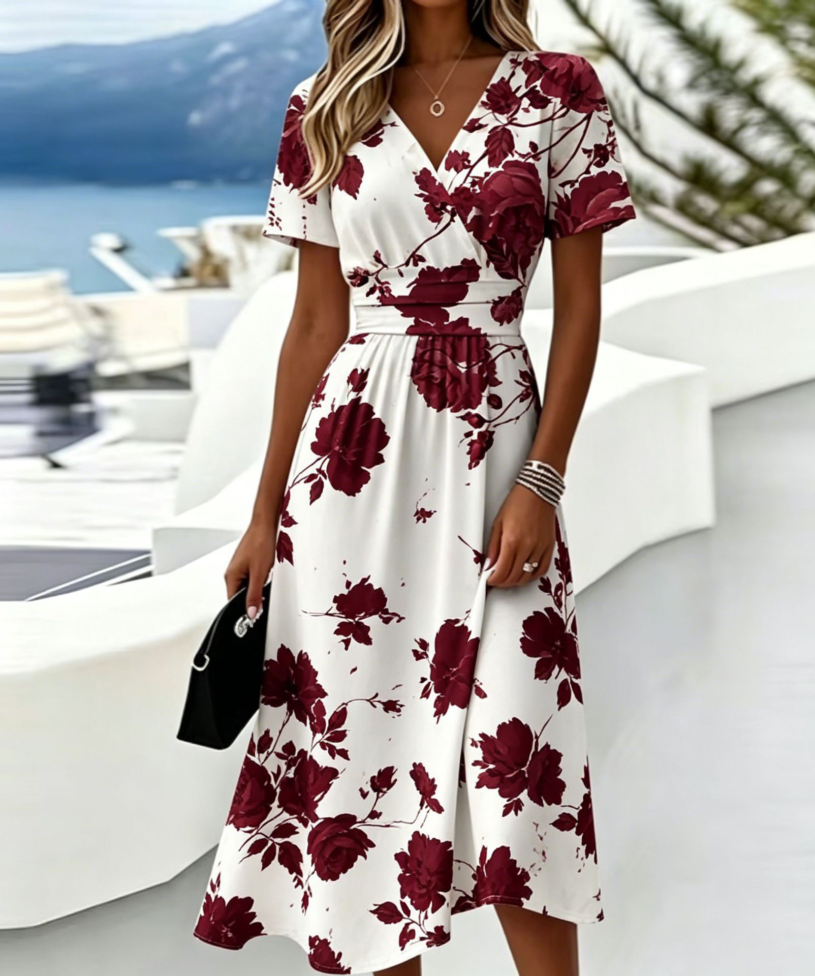 Casual Blue White Stripe V Neck Midi Dress Short Sleeve Waistband Flowy Summer Dress
