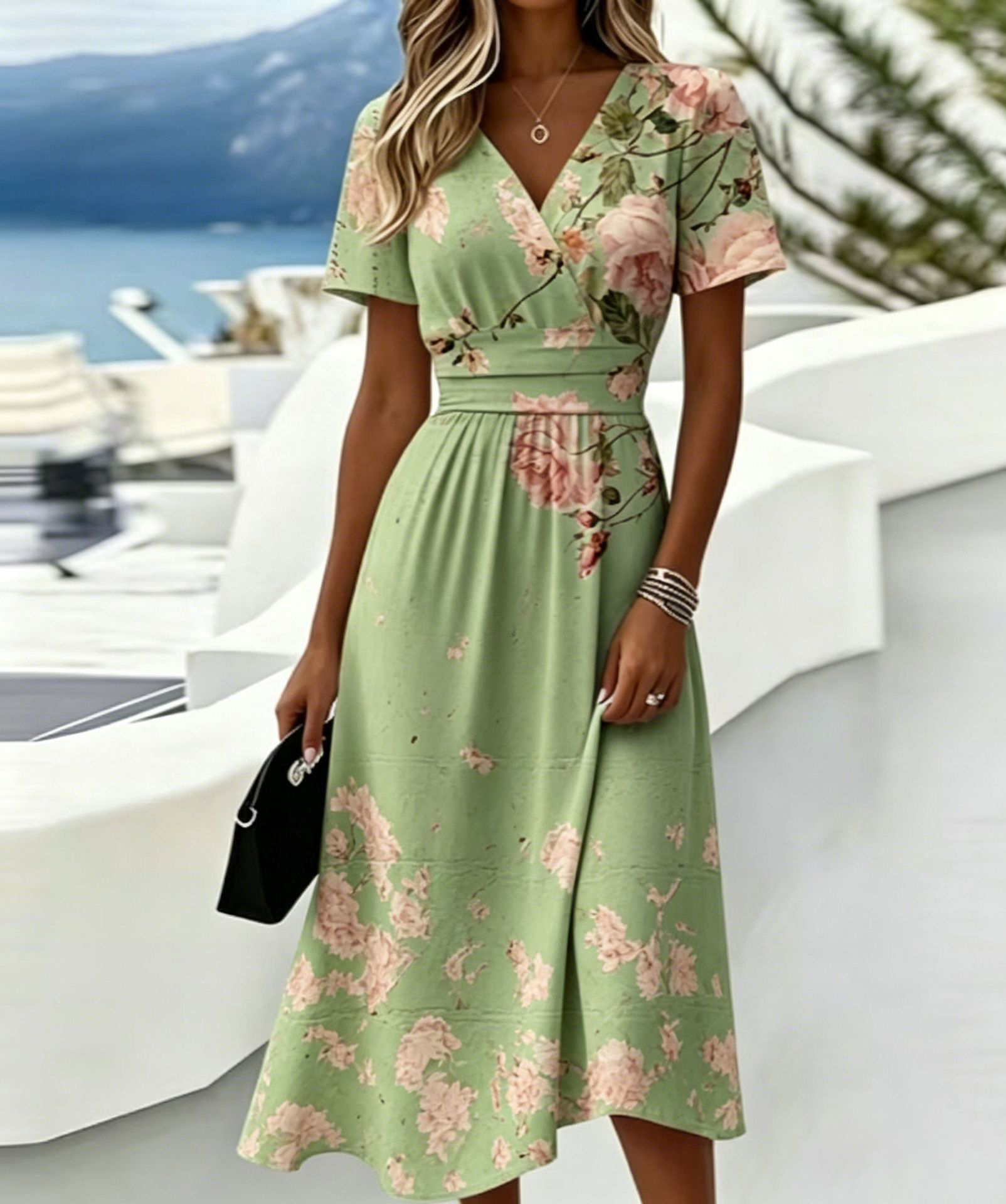 Casual Blue White Stripe V Neck Midi Dress Short Sleeve Waistband Flowy Summer Dress