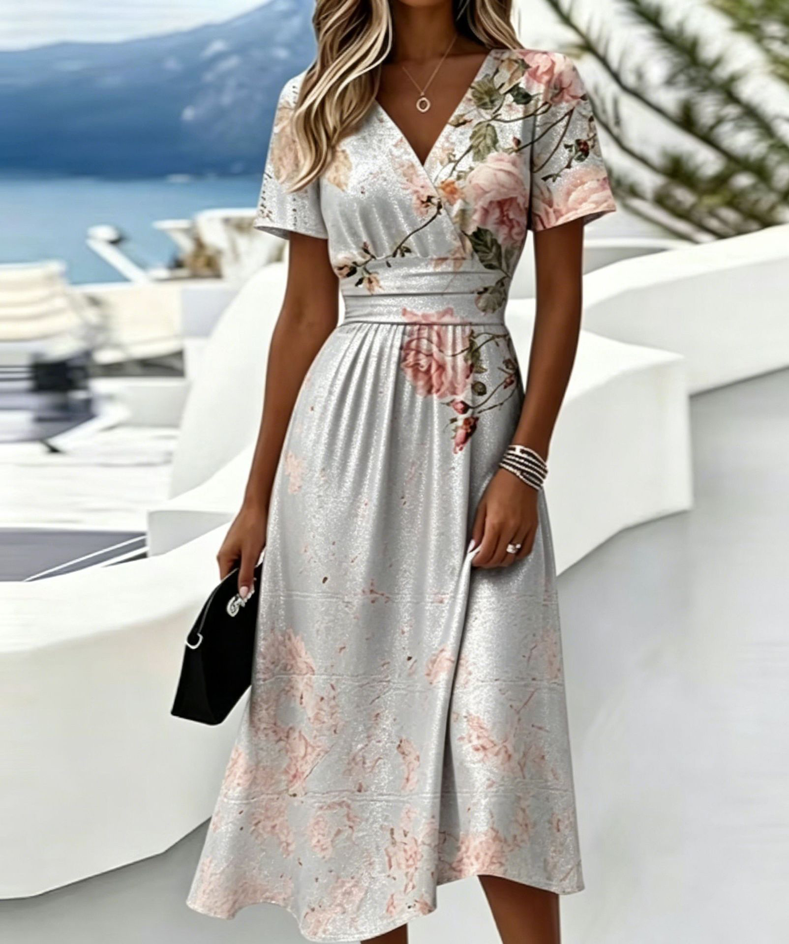 Casual Blue White Stripe V Neck Midi Dress Short Sleeve Waistband Flowy Summer Dress