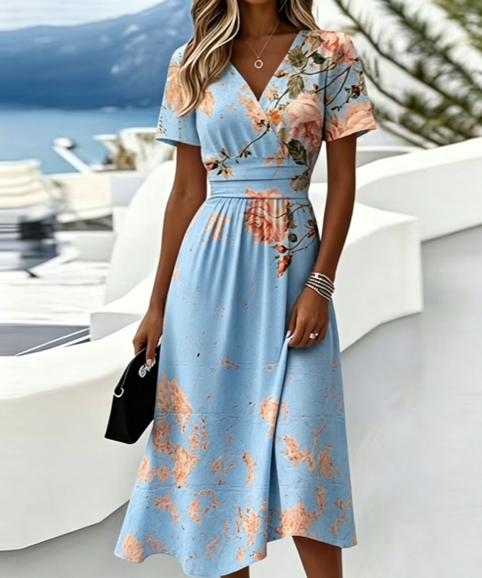 Casual Blue White Stripe V Neck Midi Dress Short Sleeve Waistband Flowy Summer Dress