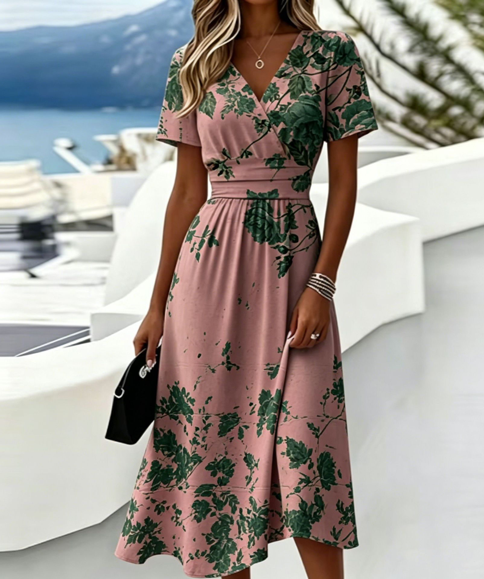 Casual Blue White Stripe V Neck Midi Dress Short Sleeve Waistband Flowy Summer Dress