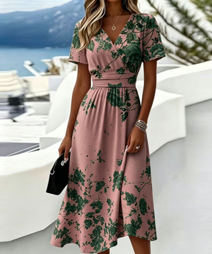 Casual Blue White Stripe V Neck Midi Dress Short Sleeve Waistband Flowy Summer Dress