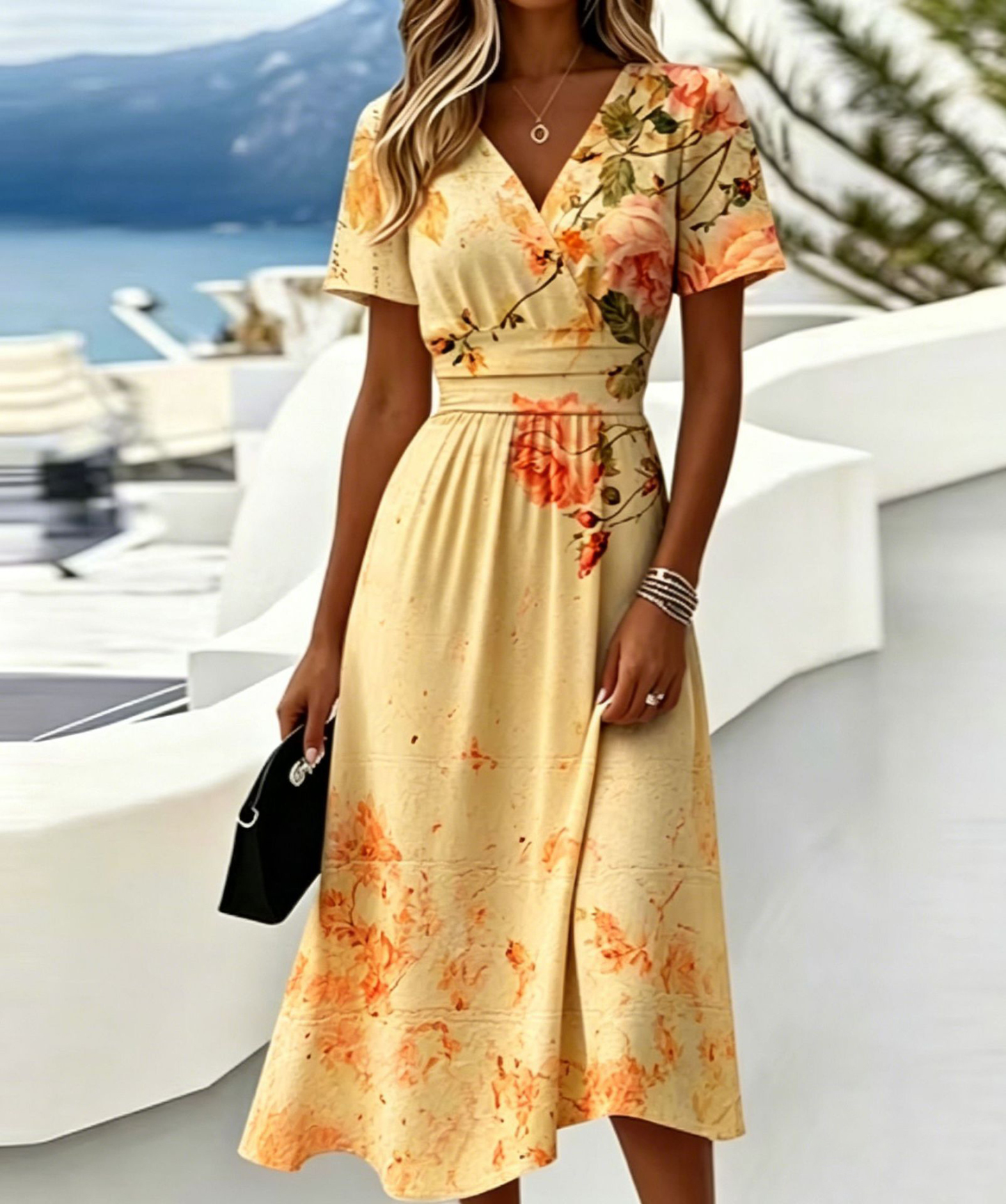 Casual Blue White Stripe V Neck Midi Dress Short Sleeve Waistband Flowy Summer Dress