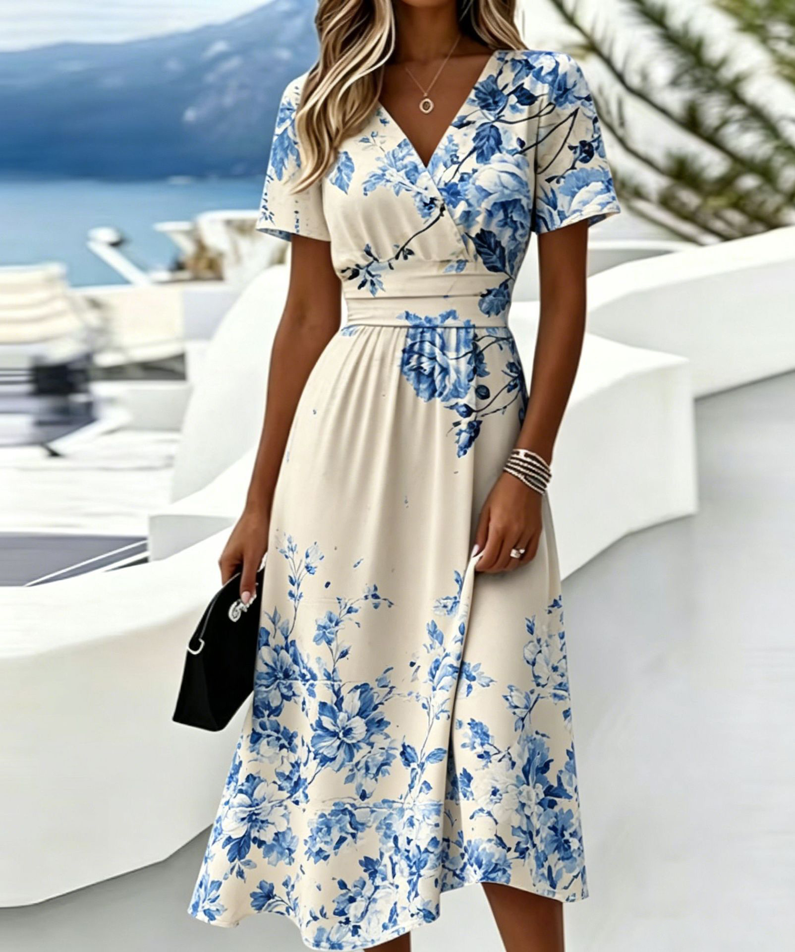 Casual Blue White Stripe V Neck Midi Dress Short Sleeve Waistband Flowy Summer Dress