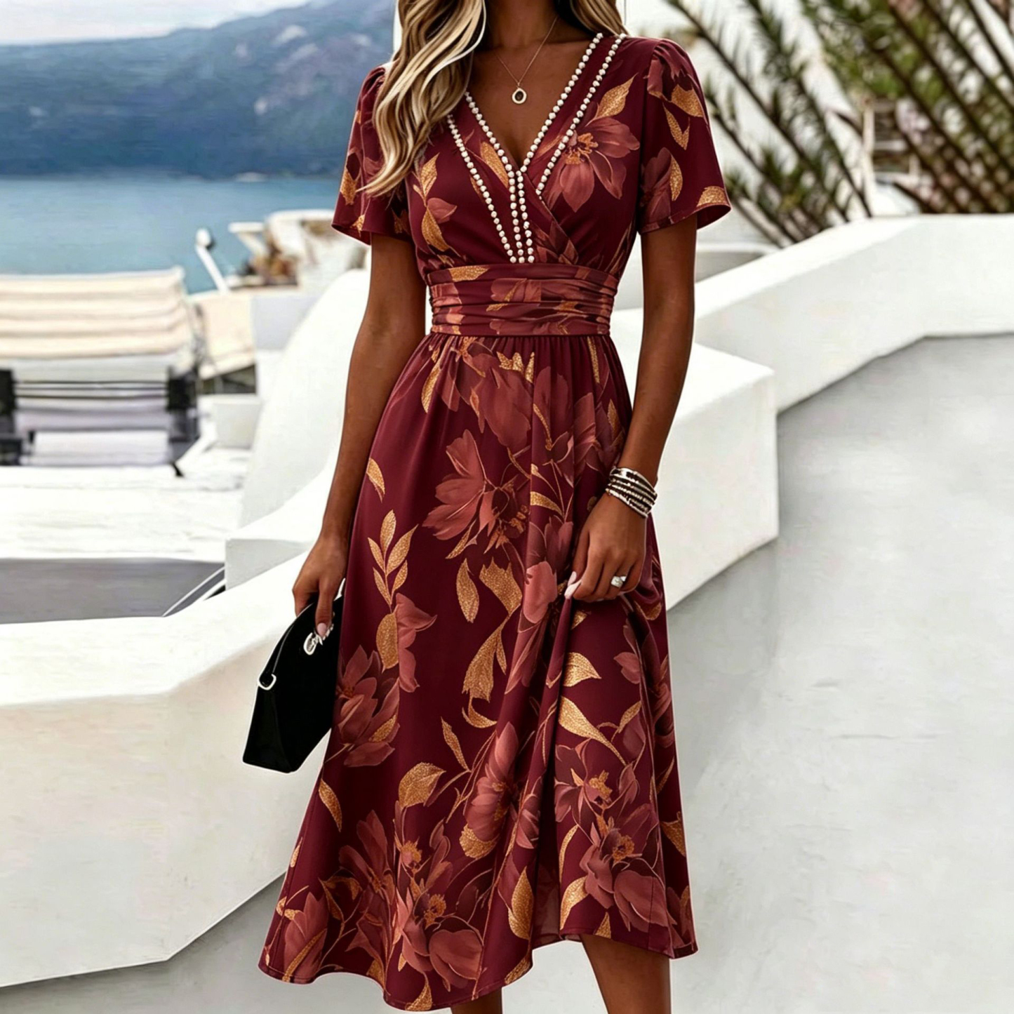 Casual Blue White Stripe V Neck Midi Dress Short Sleeve Waistband Flowy Summer Dress