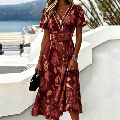 Casual Blue White Stripe V Neck Midi Dress Short Sleeve Waistband Flowy Summer Dress