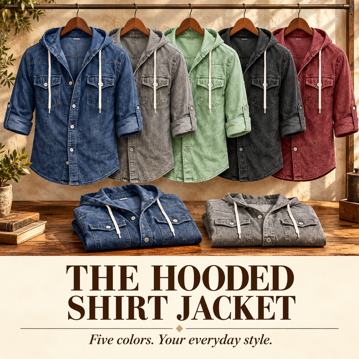 Hooded shirt jacket collection in Blue, Gray, Light Green, Black and Burgundy.