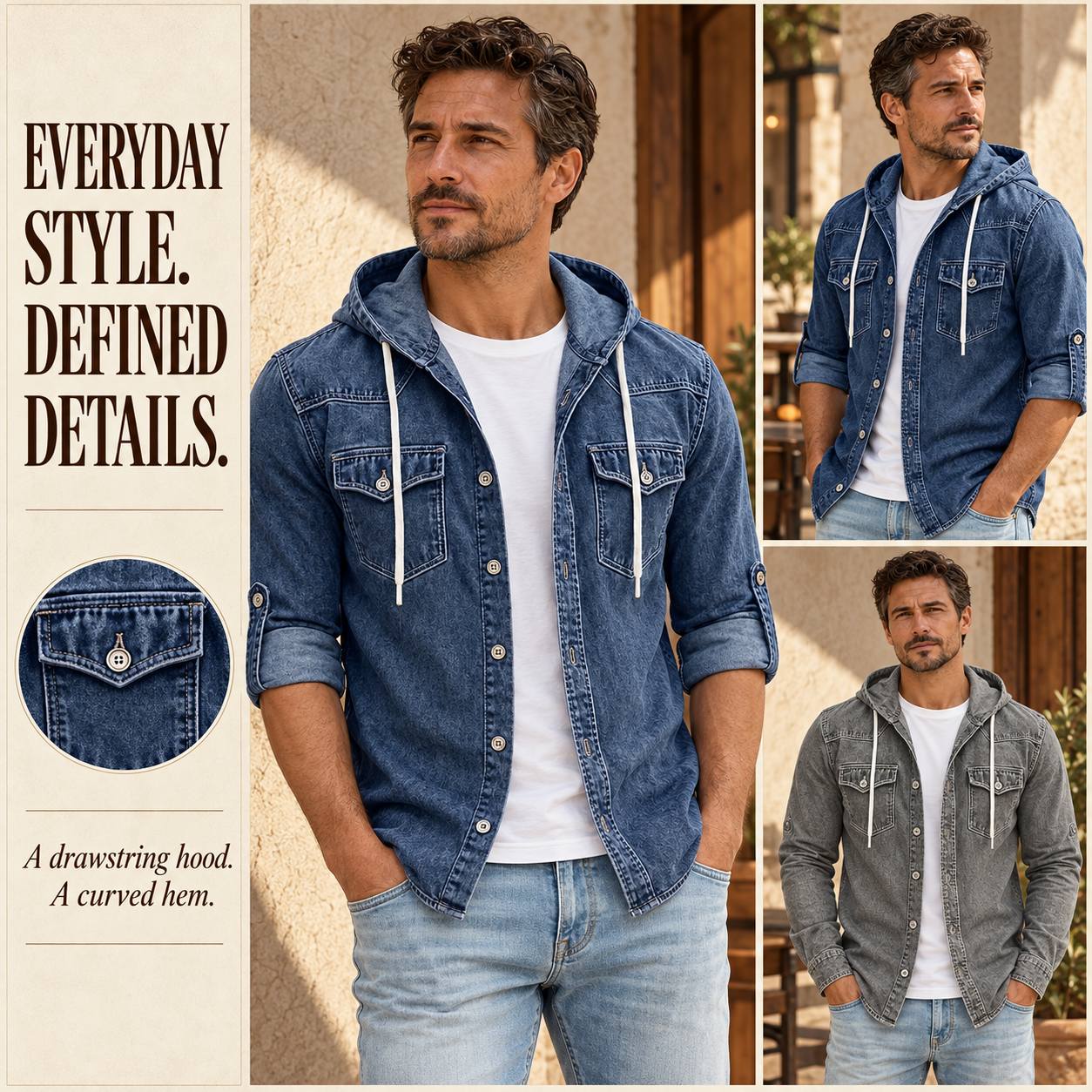 Illustrative on-model views showing the hood, chest pockets and curved hem.