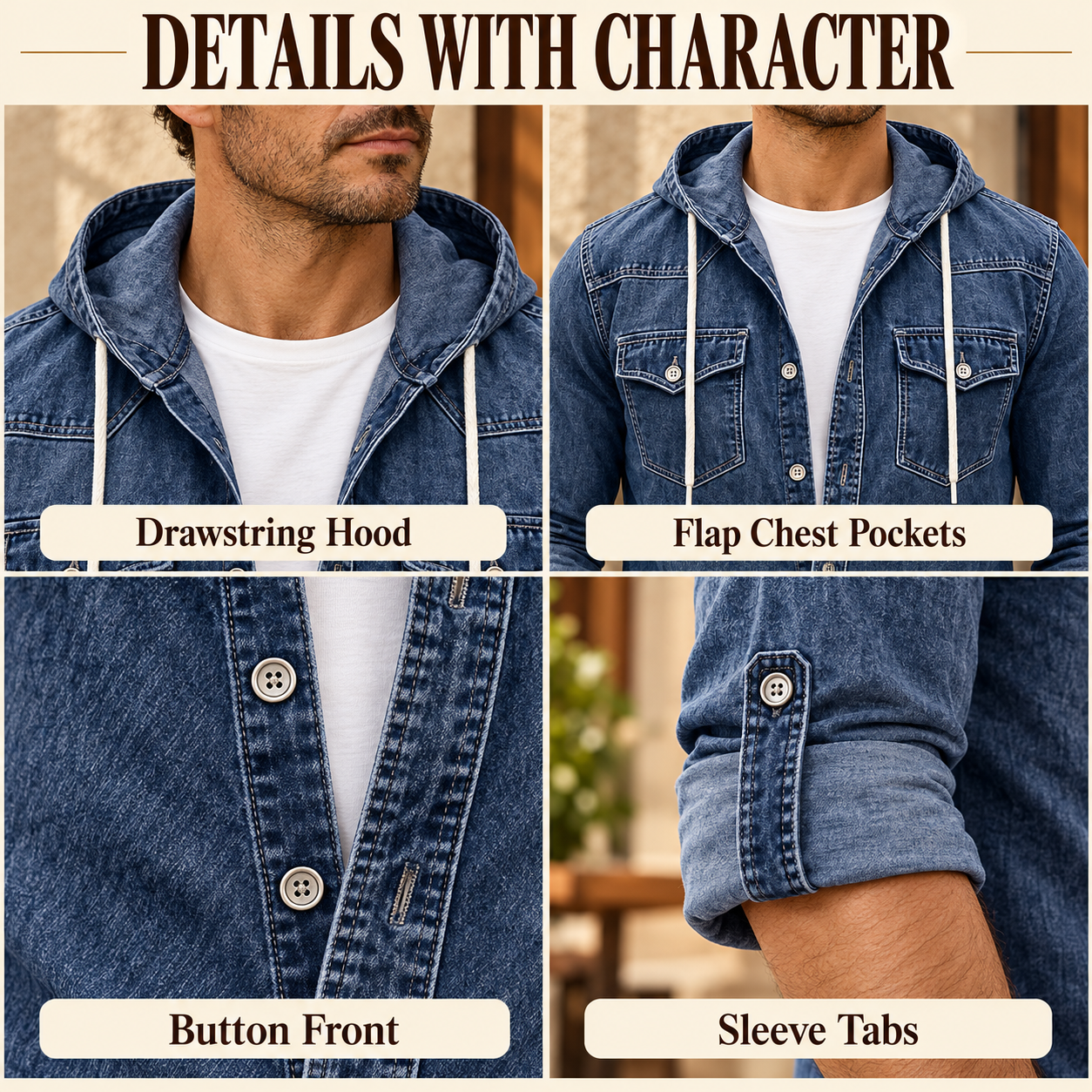 Detail views of the drawstring hood, flap chest pockets, button front and sleeve tabs.