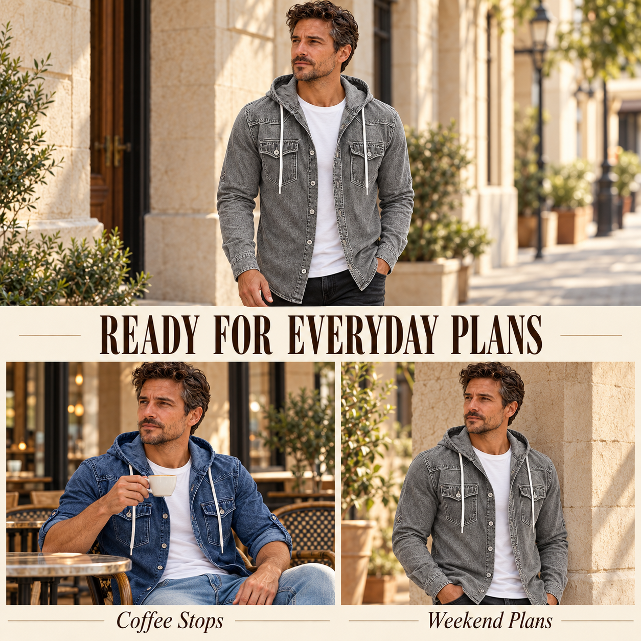 Illustrative street and cafe outfit ideas with the hooded shirt jacket.