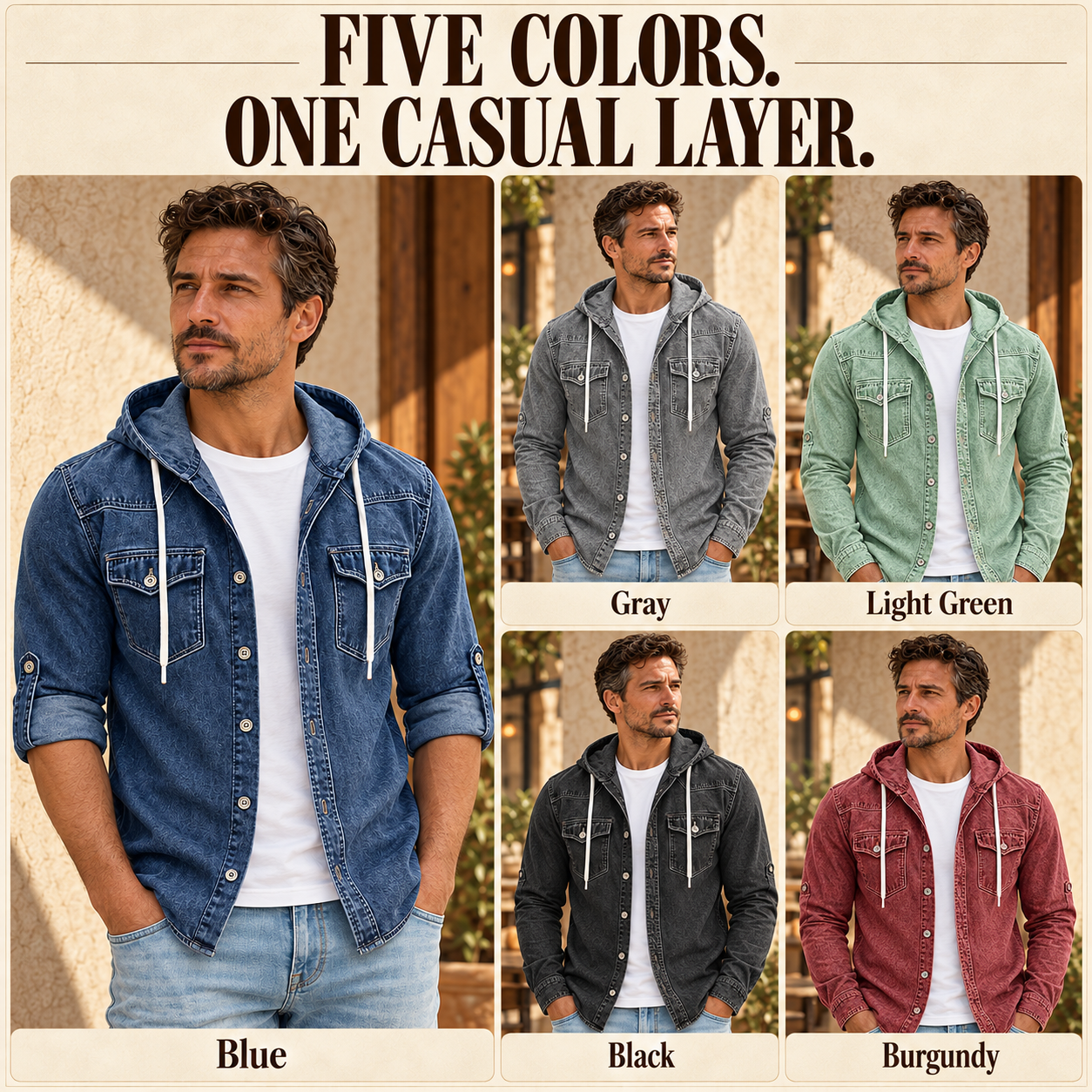 Illustrative color comparison: Blue, Gray, Light Green, Black and Burgundy.