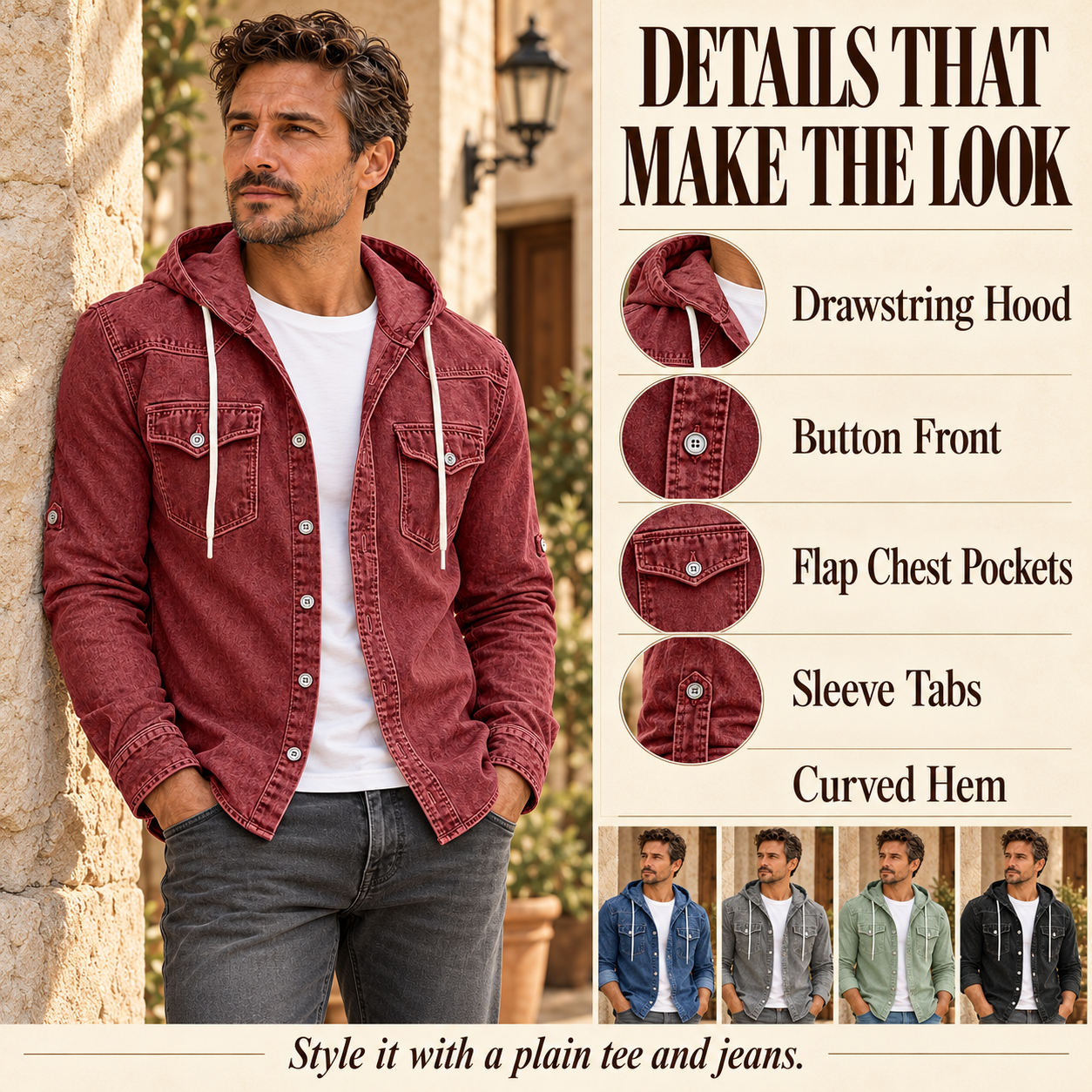 Burgundy hooded shirt jacket styling and a recap of the garment details.