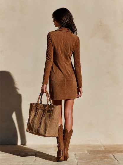 Brown zip-collar panelled mini dress back view