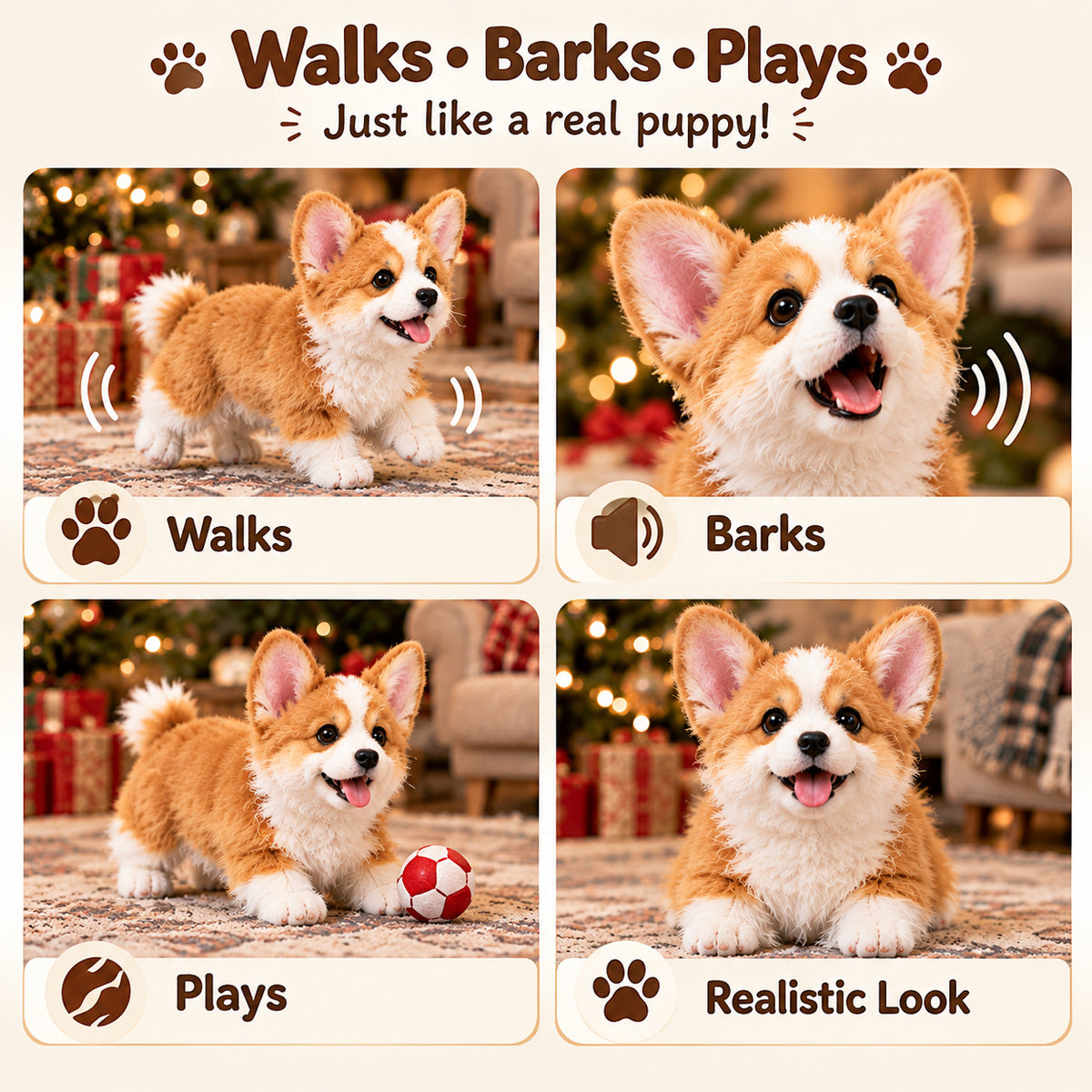 Corgi Buddy walks, barks, plays and has a puppy-inspired look