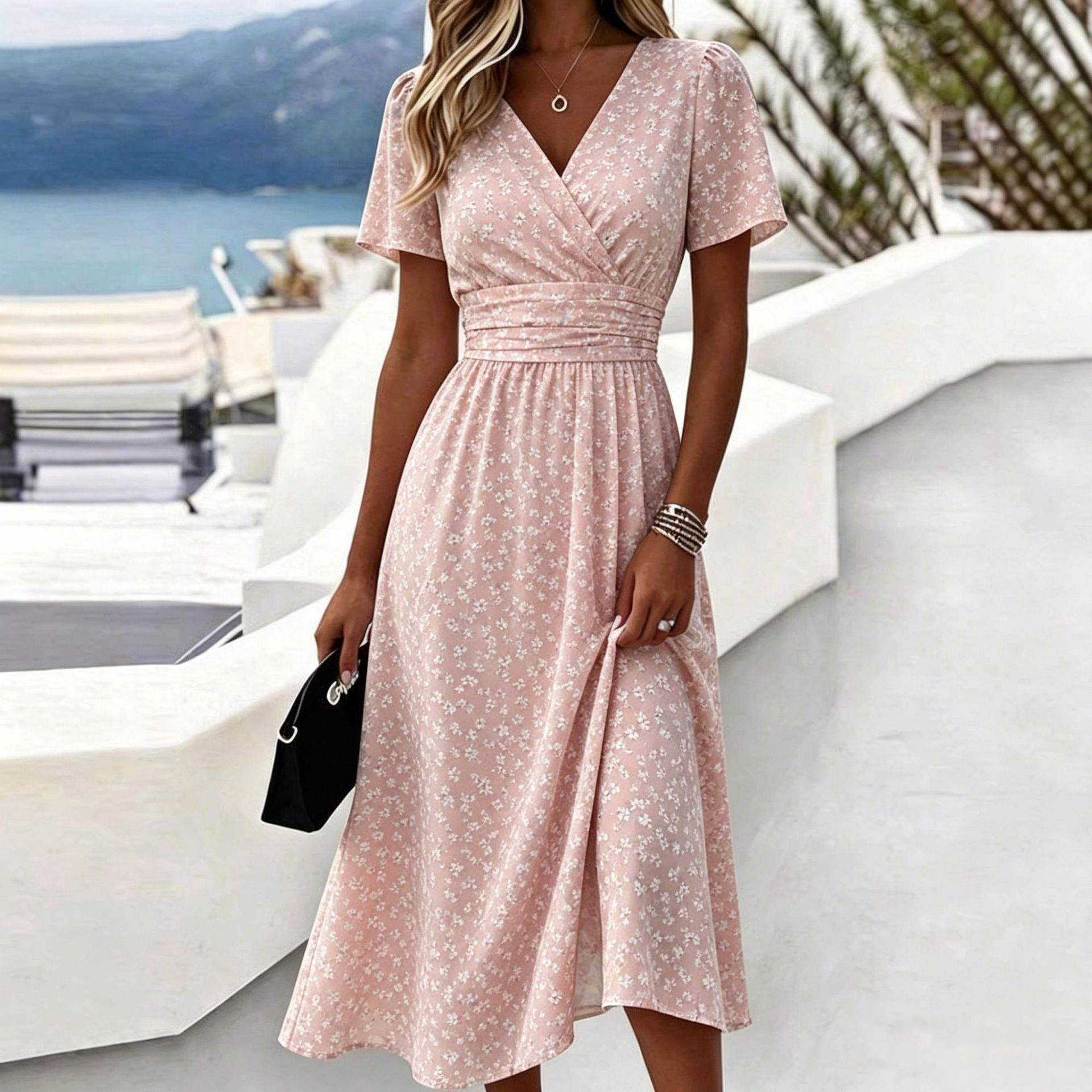 Casual Blue White Stripe V Neck Midi Dress Short Sleeve Waistband Flowy Summer Dress