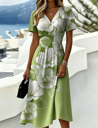 Casual Blue White Stripe V Neck Midi Dress Short Sleeve Waistband Flowy Summer Dress