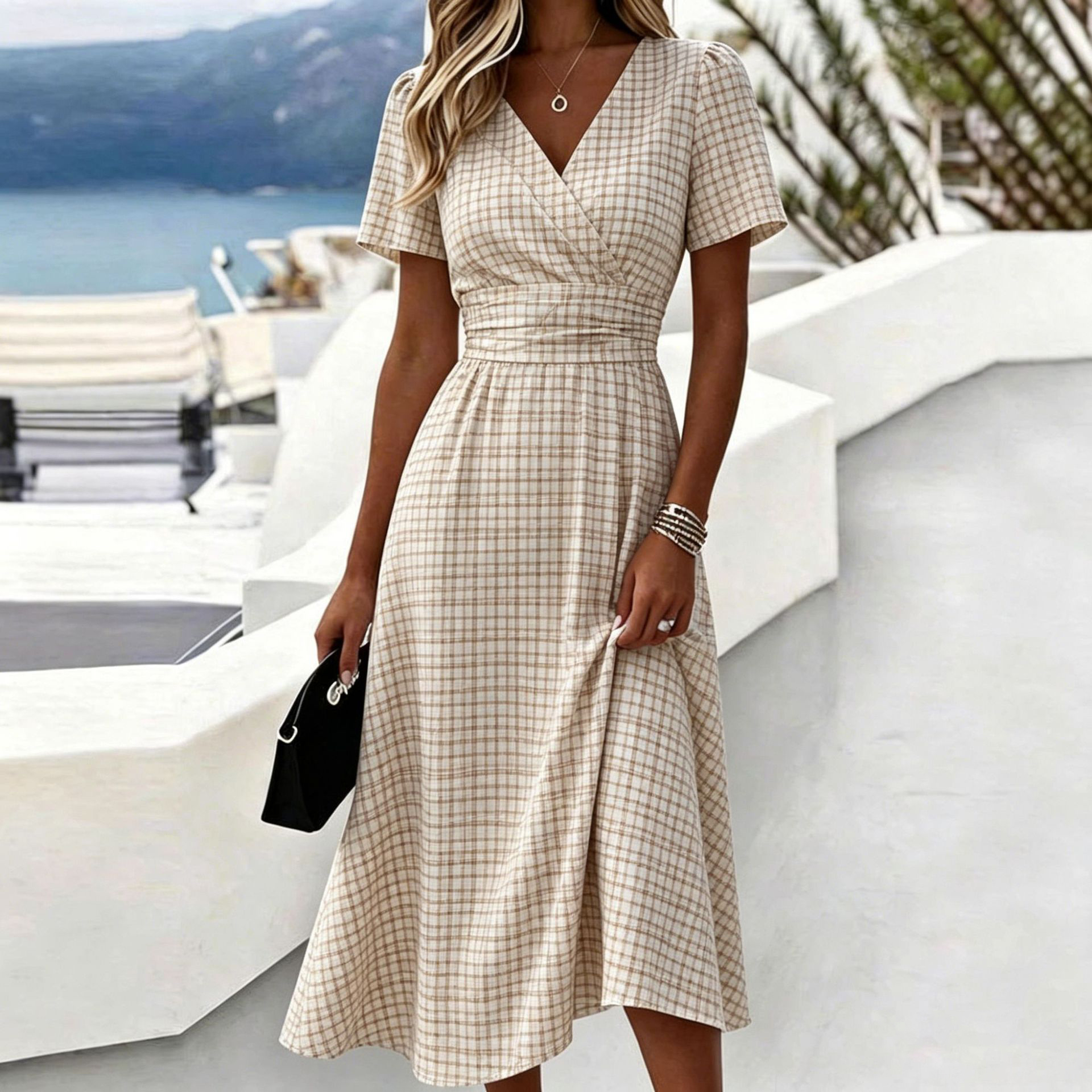 Casual Blue White Stripe V Neck Midi Dress Short Sleeve Waistband Flowy Summer Dress