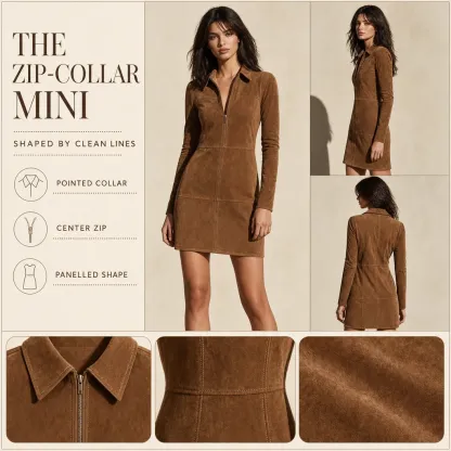 Front, side, back and close-up story board for the brown mini dress
