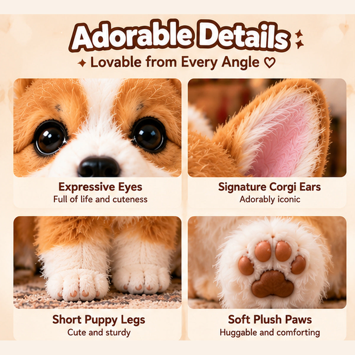 Corgi Buddy details including eyes, ears, short legs and plush-inspired paws