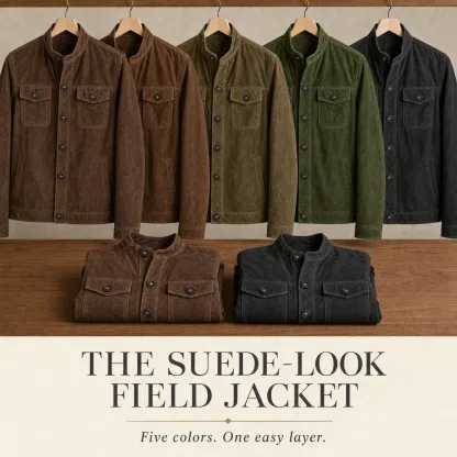 Editorial product detail 1 for the men's suede-look button-front field jacket