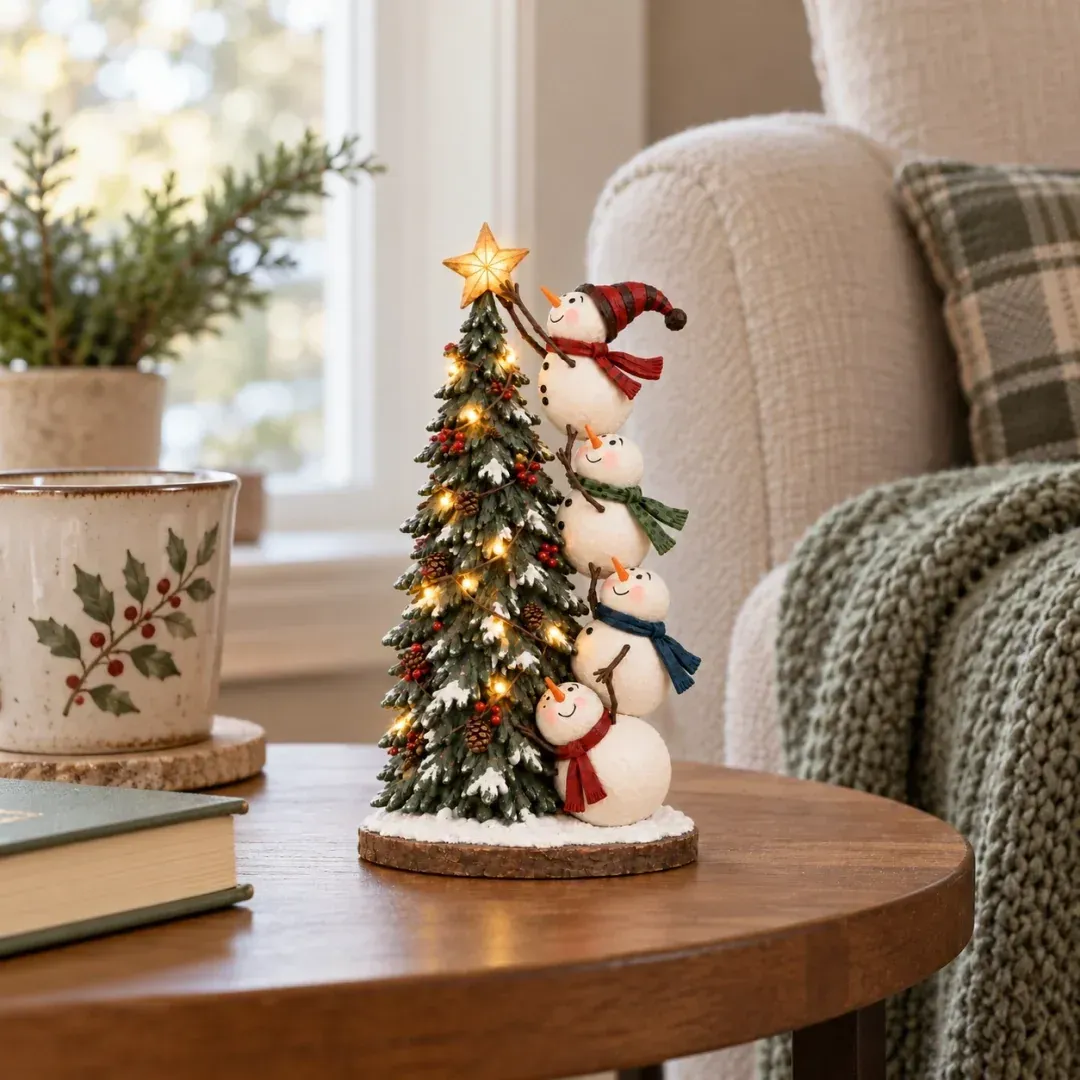 Snowmen figurine on a side table beside a mug and cozy chair
