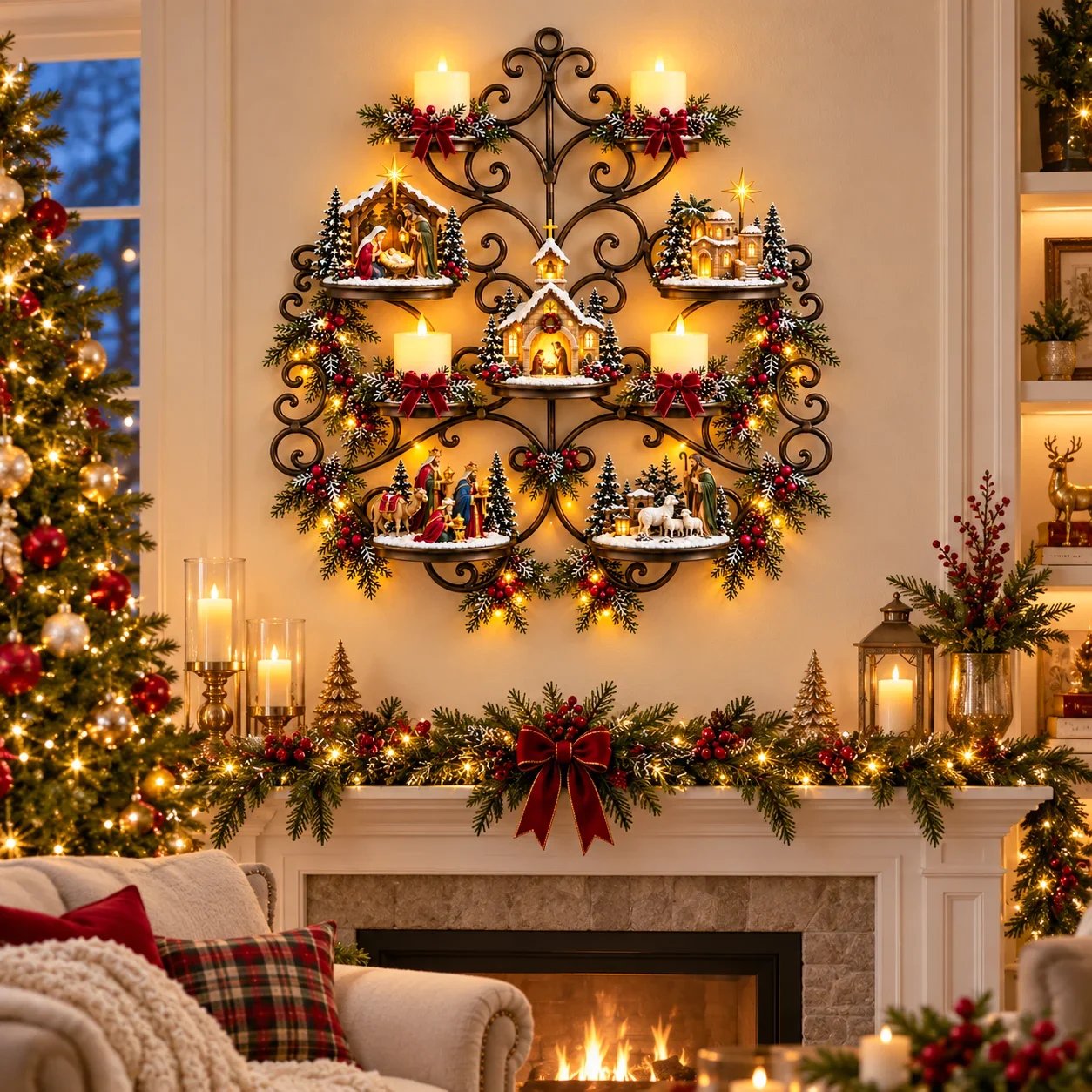 Nativity village wall decor styled above a Christmas fireplace
