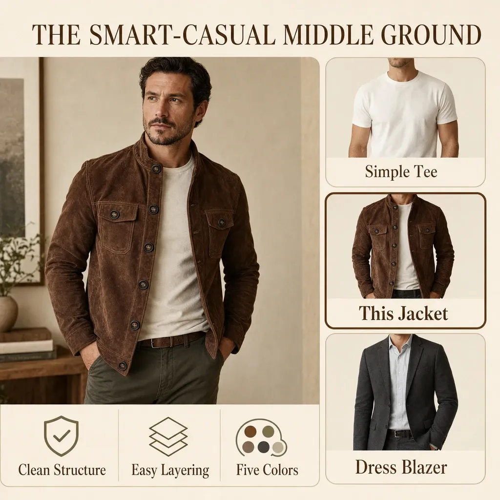 Editorial product detail 6 for the men's suede-look button-front field jacket