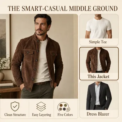 Editorial product detail 6 for the men's suede-look button-front field jacket