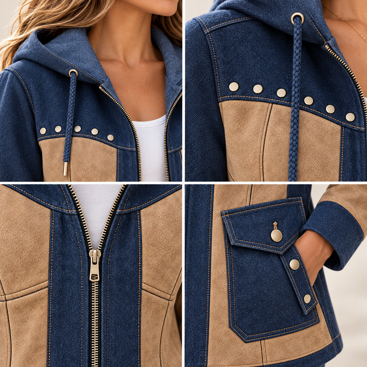 Front view of the colorblock hooded jacket