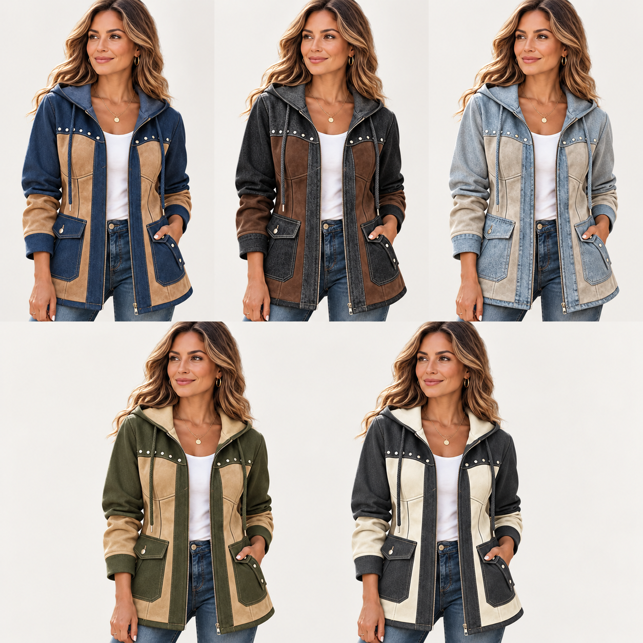 Three quarter view of the colorblock hooded jacket