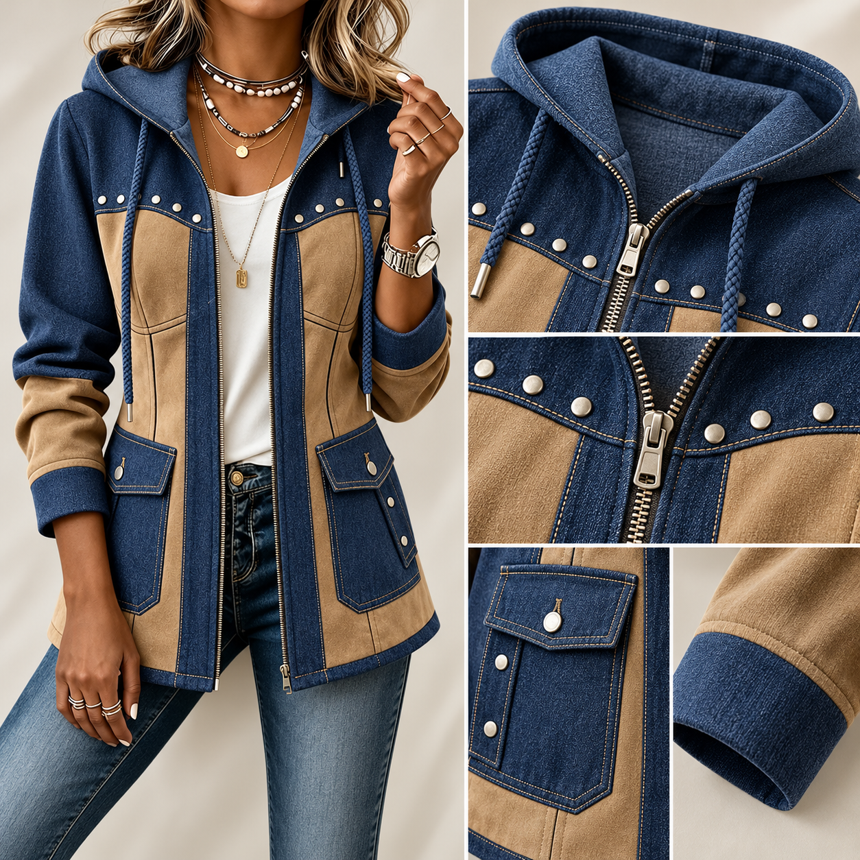 Close-up of hood, zipper and stud accents