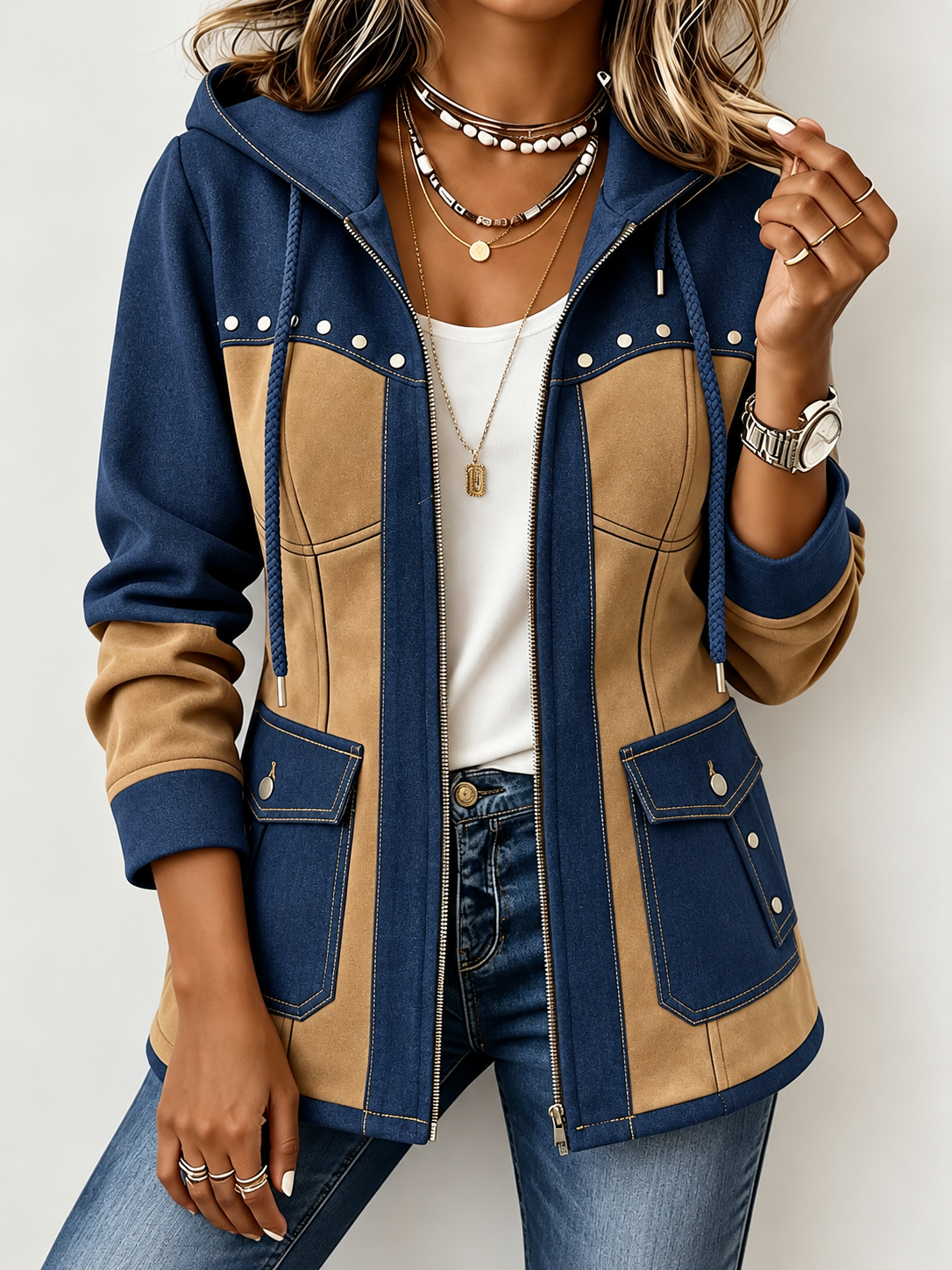 Navy and tan colorblock hooded jacket