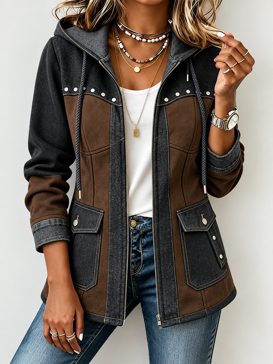 Charcoal and brown colorblock hooded jacket