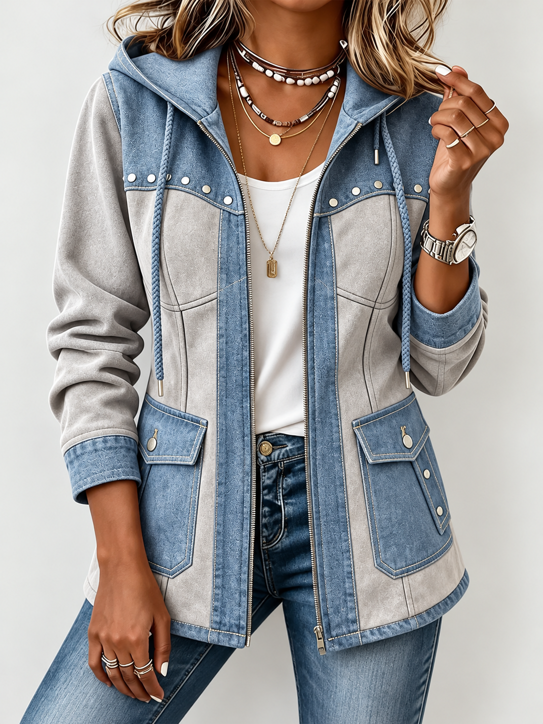 Ice blue and stone colorblock hooded jacket