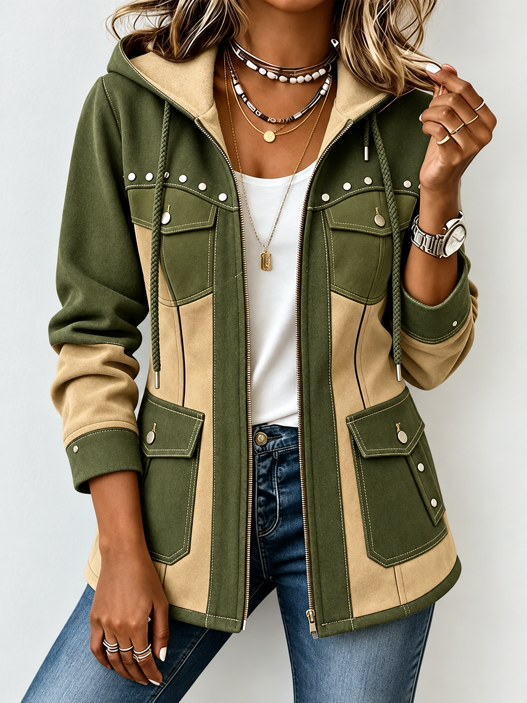 Olive and tan colorblock hooded jacket