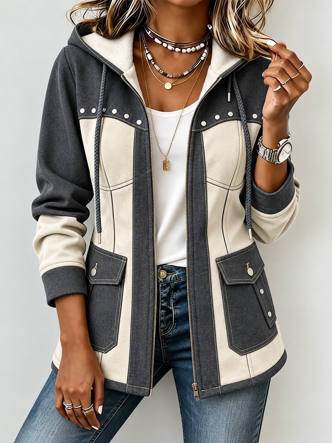 Charcoal and cream colorblock hooded jacket