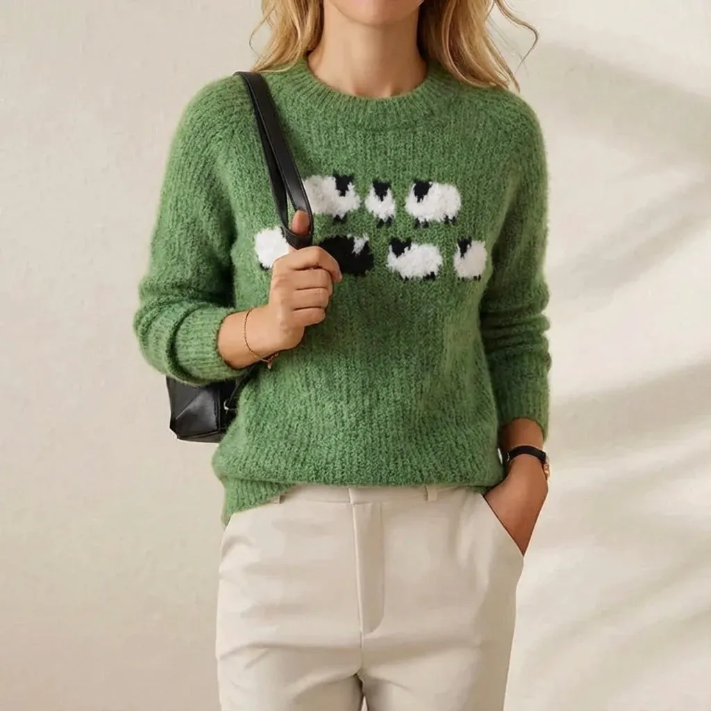 Women's Countryside & Art Motif Crew Neck Knit Sweater