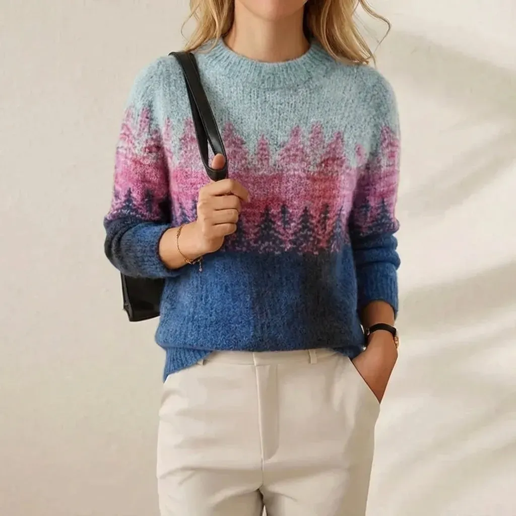 Women's Countryside & Art Motif Crew Neck Knit Sweater