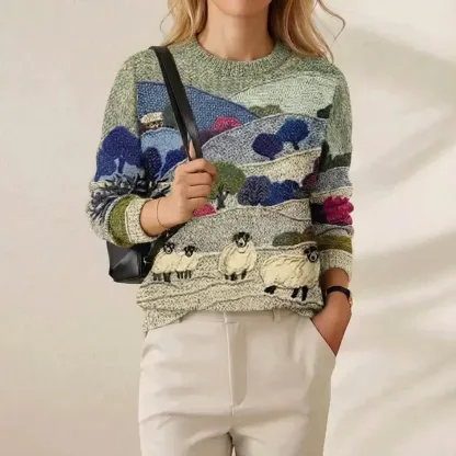 Women's Countryside & Art Motif Crew Neck Knit Sweater