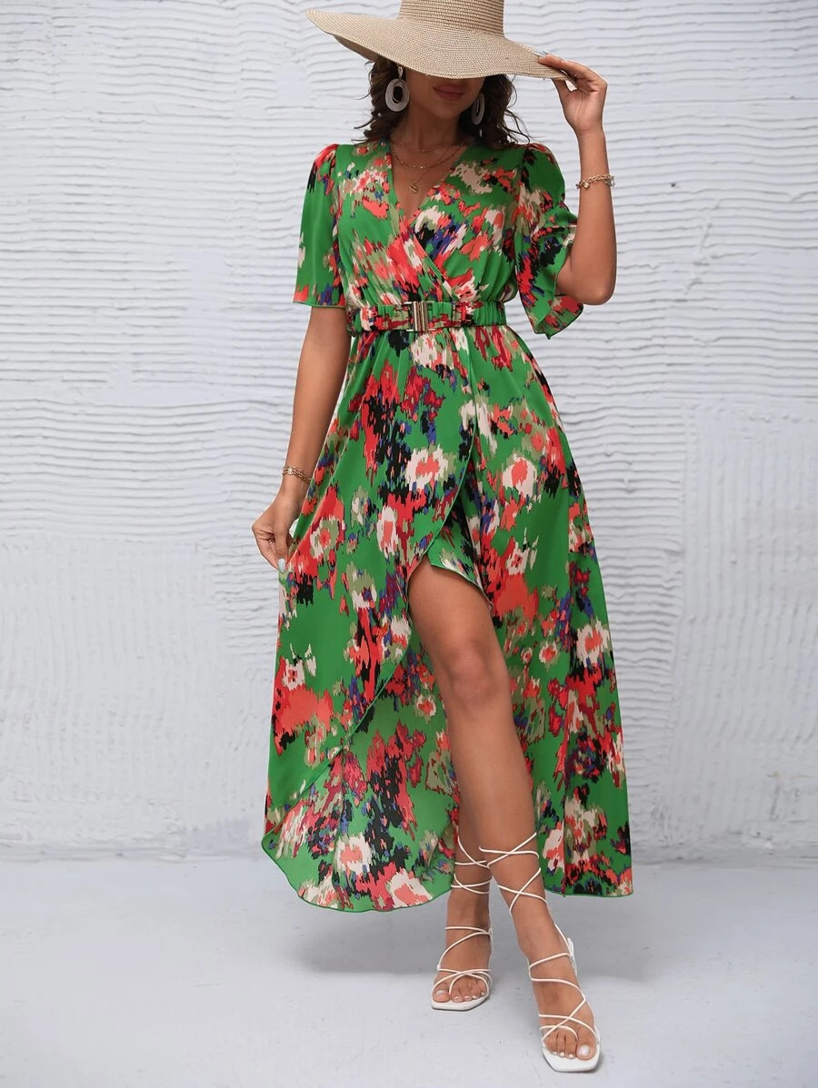 Floral Bohemian Short Sleeve V Neck Slit Maxi Dress