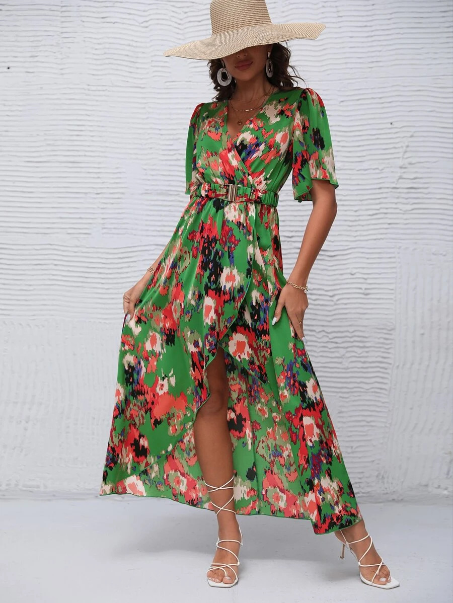 Floral Bohemian Short Sleeve V Neck Slit Maxi Dress