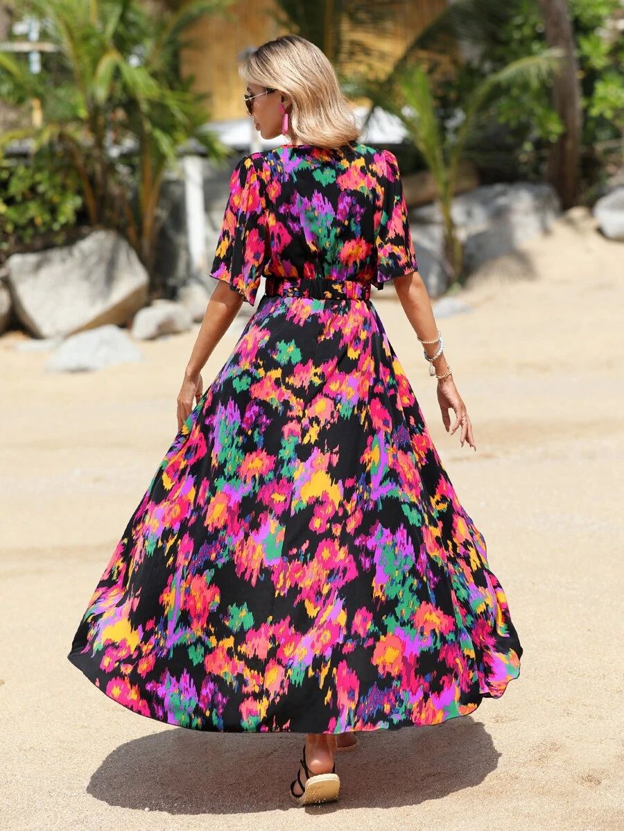 Floral Bohemian Short Sleeve V Neck Slit Maxi Dress