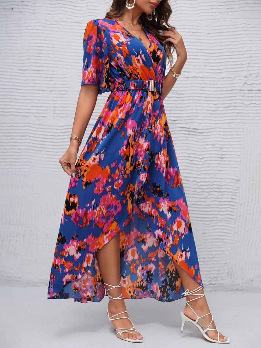 Floral Bohemian Short Sleeve V Neck Slit Maxi Dress