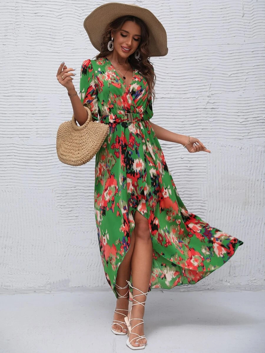 Floral Bohemian Short Sleeve V Neck Slit Maxi Dress