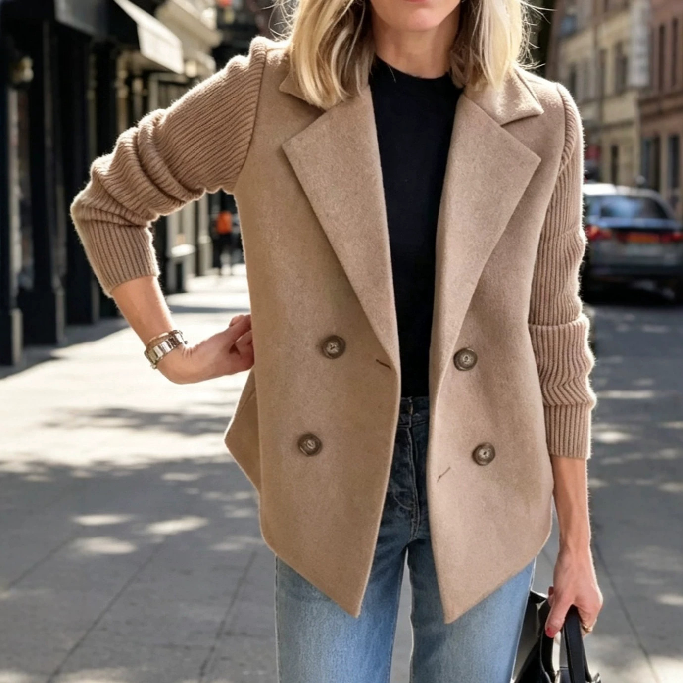 Women Knit Sleeve Wool Blend Blazer, Double Breasted Casual Fall Coat