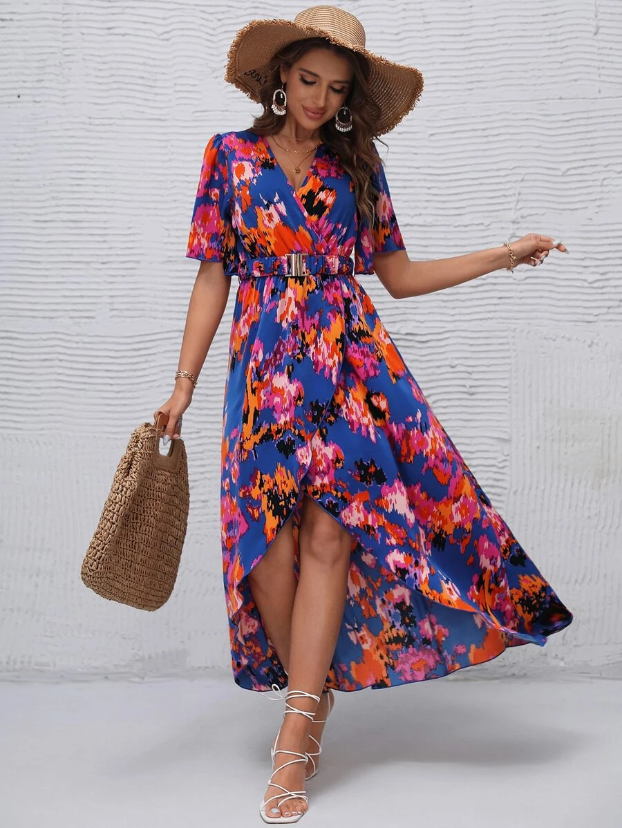 Floral Bohemian Short Sleeve V Neck Slit Maxi Dress