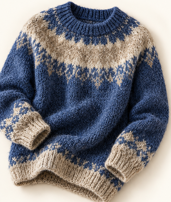 Illustrated flat-lay of the Classic Navy patterned sweater
