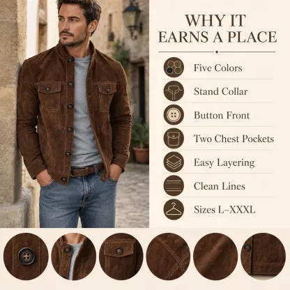 Editorial product detail 7 for the men's suede-look button-front field jacket
